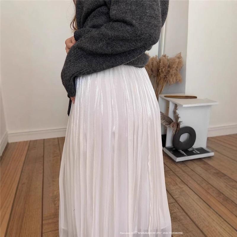 2025 Elegant Women's Midi Skirt French Style Pleated Long Skirt Versatile All Match Silky Shiny Fabric Perfect for Casual and Formal Occasions