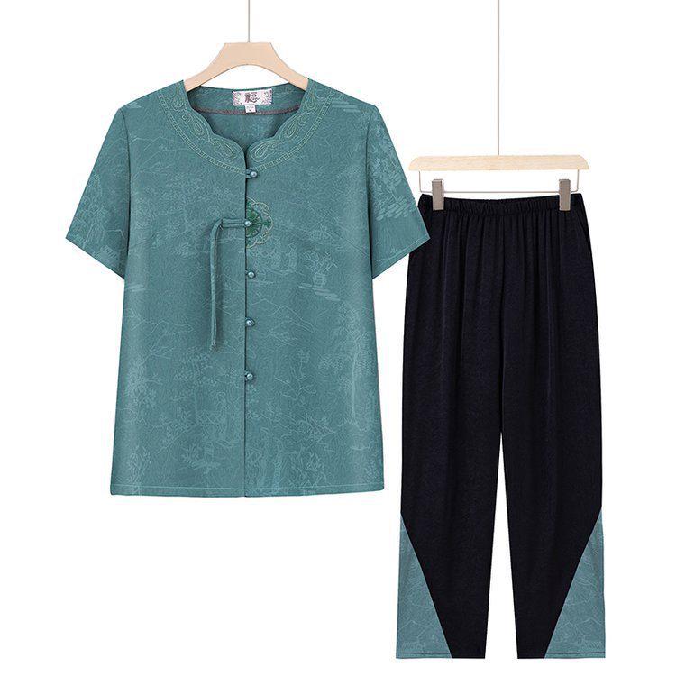 

Retro Summer Outfit: Ice Silk Short Sleeve T-Shirt for Middle-Aged and Elderly Women XL (90-105 jin) зелений