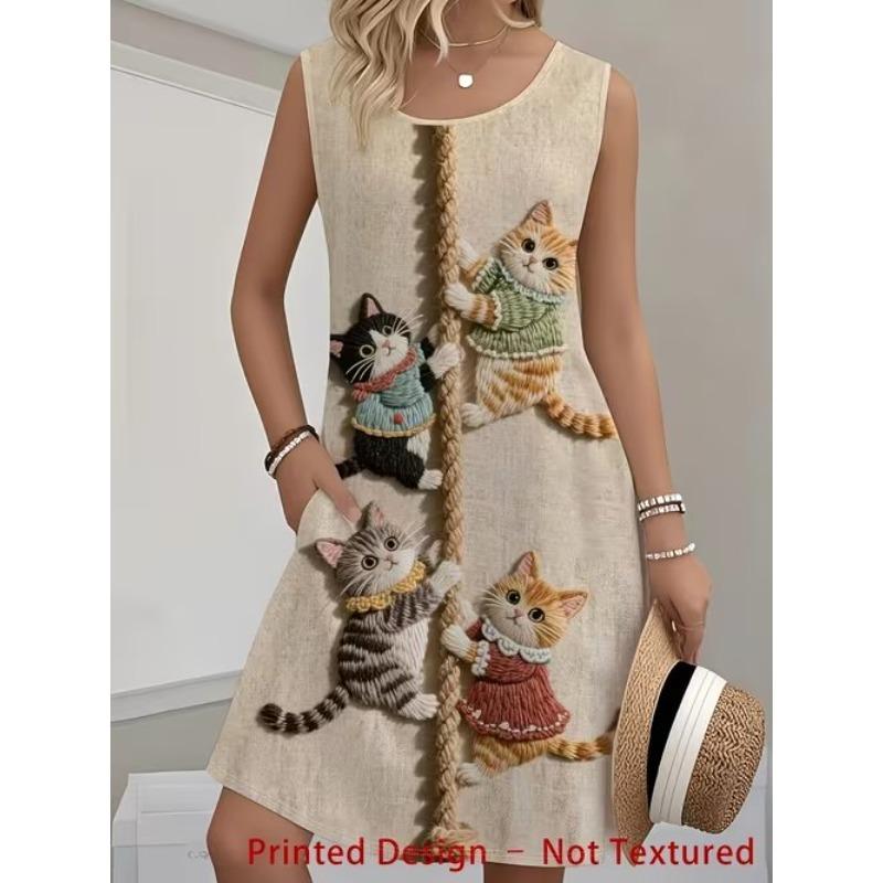 Women's Vintage Pattern Printed Sleeveless Round Neck Dress Loose Soft and Comfortable Plus Size Dress