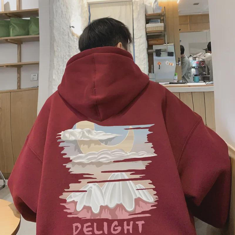 Hanorac cu imprimeu retro supradimensionat pentru bărbați, de culoare caisă - Hanorac la modă, lejer, de primăvară/toamnă, pentru cupluri