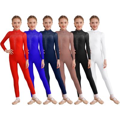 Ganzkörper-Bodysuit für Mädchen, für Gymnastik, Ballett, Tanz, Ganzanzug, langärmlig, glänzender Strass, einteiliger Jumpsuit für Eiskunstlauf
