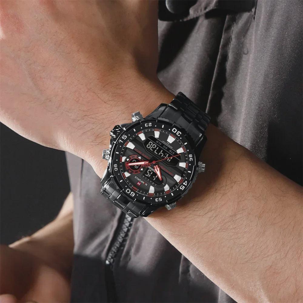 Fashion Golden Men Watch Multi-functional Quartz Wrist Watches Quartz Analog + LED Digital Movement Waterproof Steel Strap