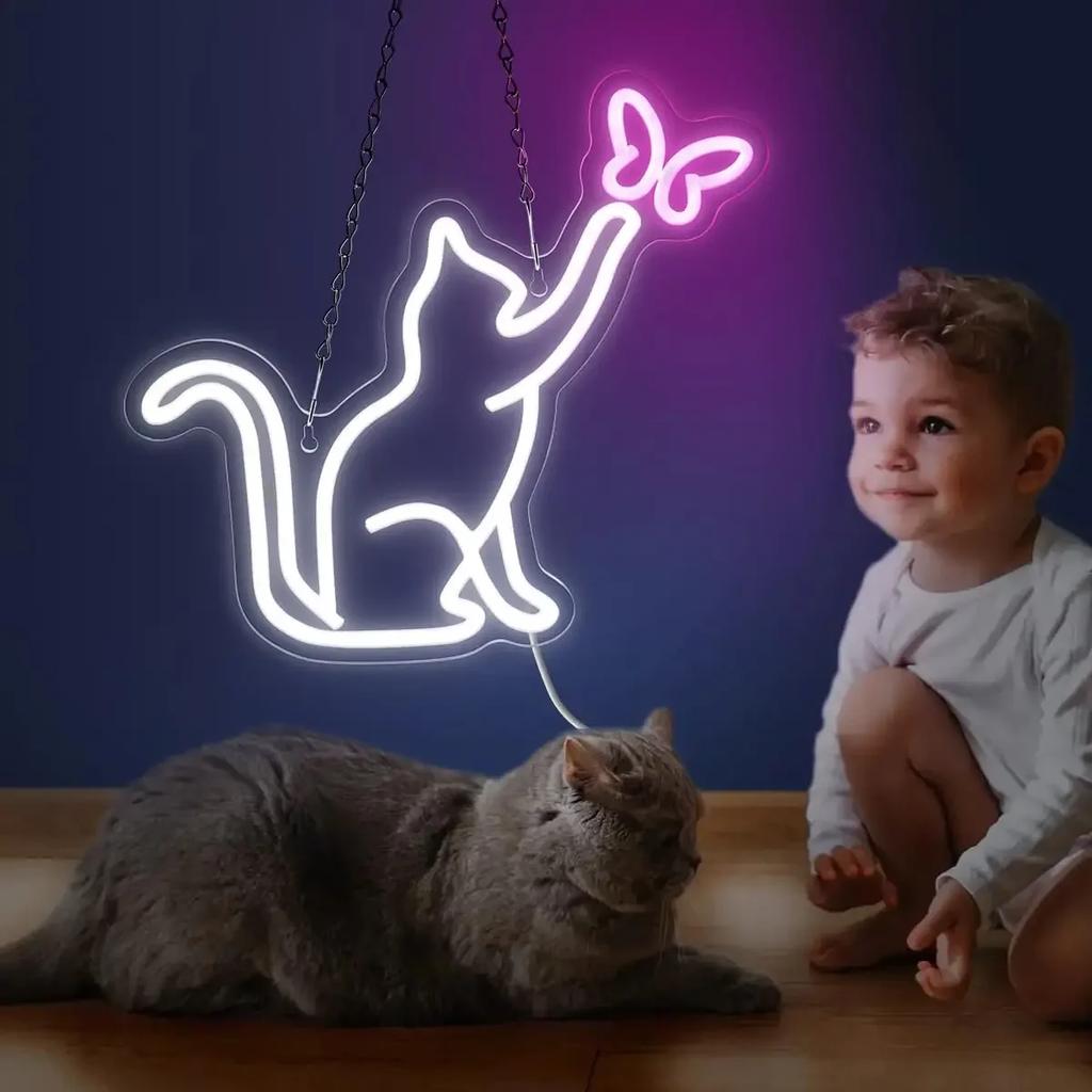 Cats And Butterflies LED Neon Sign USB Dimmable Neon Light Sign For Gameroom Bedroom Bar Livingroom Birthday Gift Wall Decor