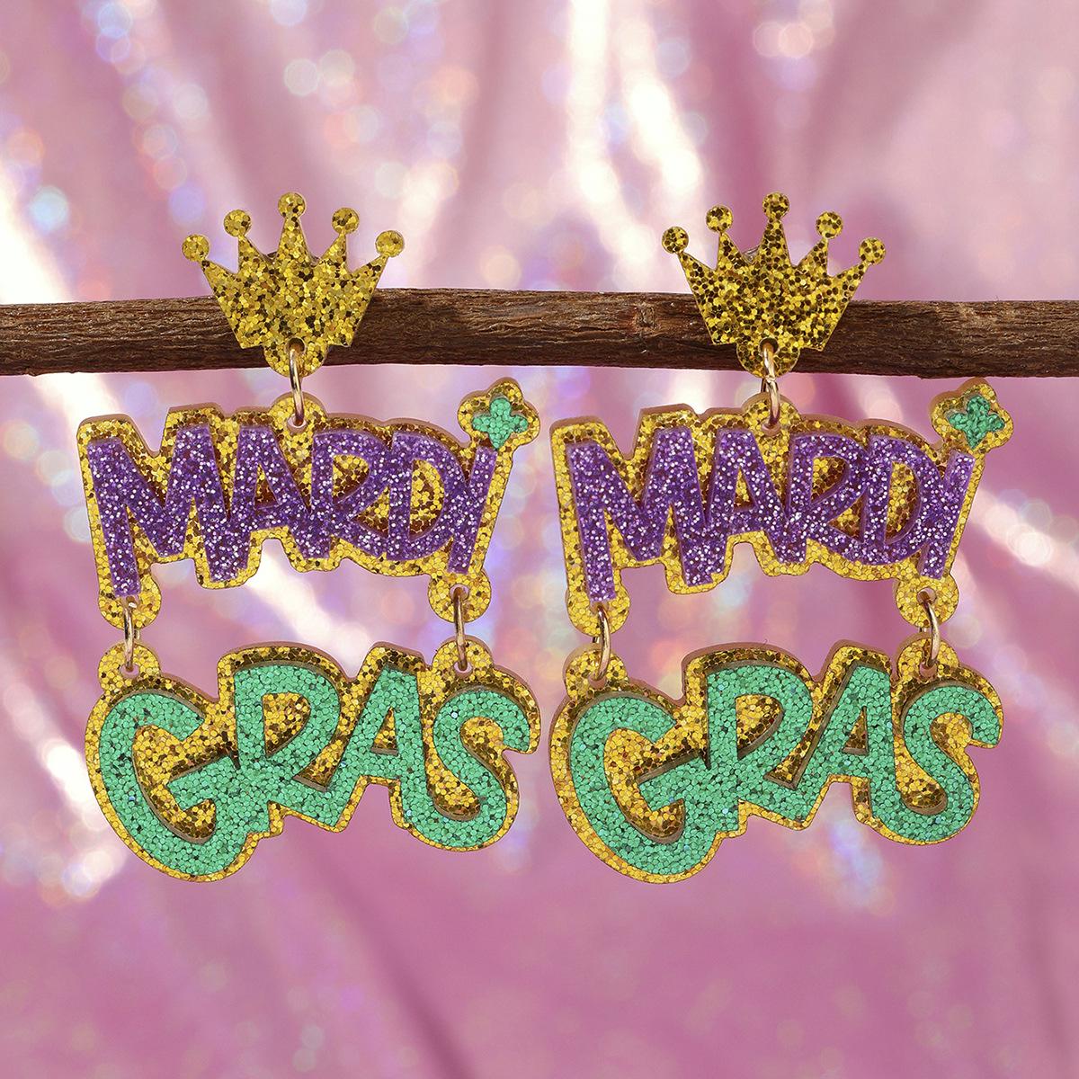 Glitter Crown Classic Acrylic Women s Earrings: Three-Color Double-Layer with English Letters