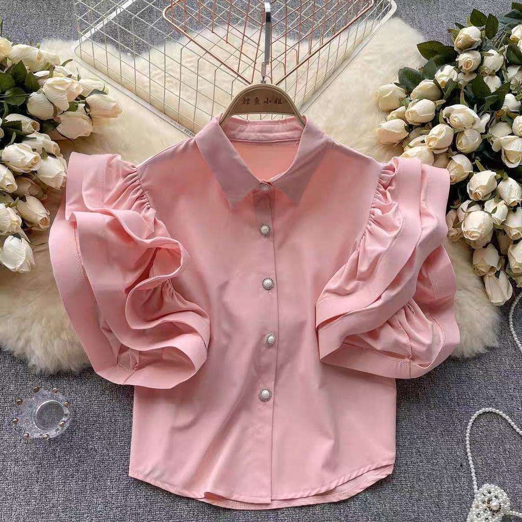 Women's French Ruffle Shirt Summer Fashion Lapel Blouse