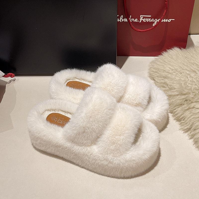 Muffin large size thick bottom height increase and fluffy slippers women wear autumn and winter fashion plush office home cotton mop