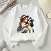 Kids Crewneck Sweatshirt, Girl Hugging Dog with Bow Hat Print, Soft Casual Pullover for Fall Winter