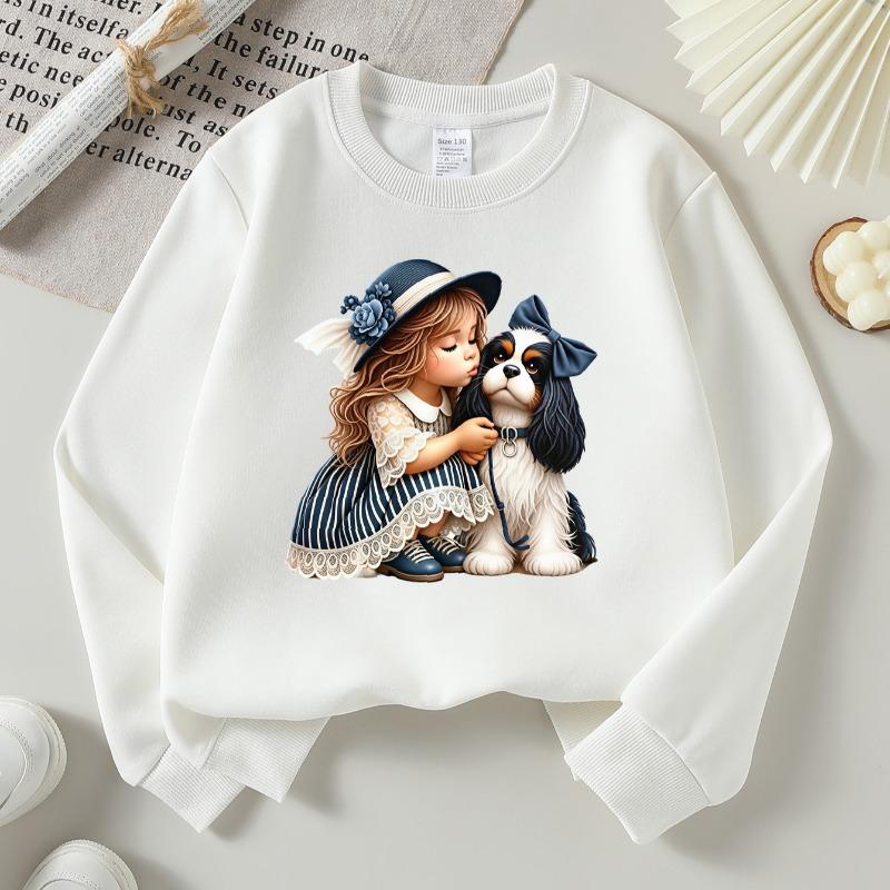Kids Crewneck Sweatshirt, Girl Hugging Dog with Bow Hat Print, Soft Casual Pullover for Fall Winter