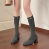 Comemore Versatile Square Head Thick High Heels Sock Boots for Women Spring Autumn Pearl Slip On Mid-calf Botas Female