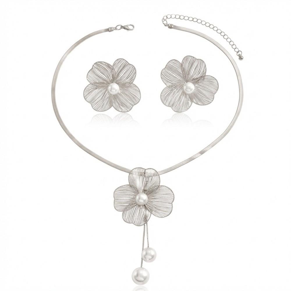 Imitation Pearl Pearl Jewelry Set Elegant Flower Pendant Set Necklace Earrings Set  Women Jewelry серебряный