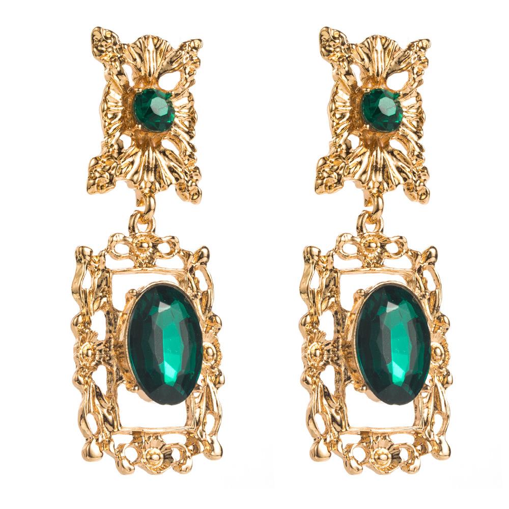 Vintage Emerald Temperament Exaggerated Flower Earrings With Silver Needles And Diamond Inlaid Resin High-end Earrings