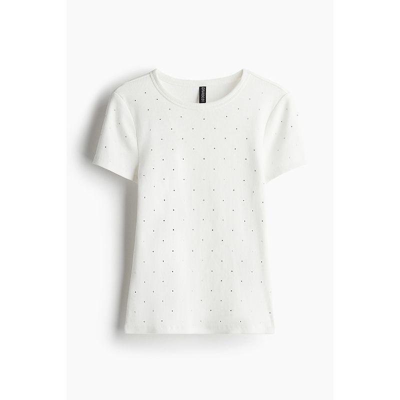 

HM Women s T-shirt Autumn Soft Plaid Slim Diamond Embellished round Neck Short Sleeve Tops 1263514