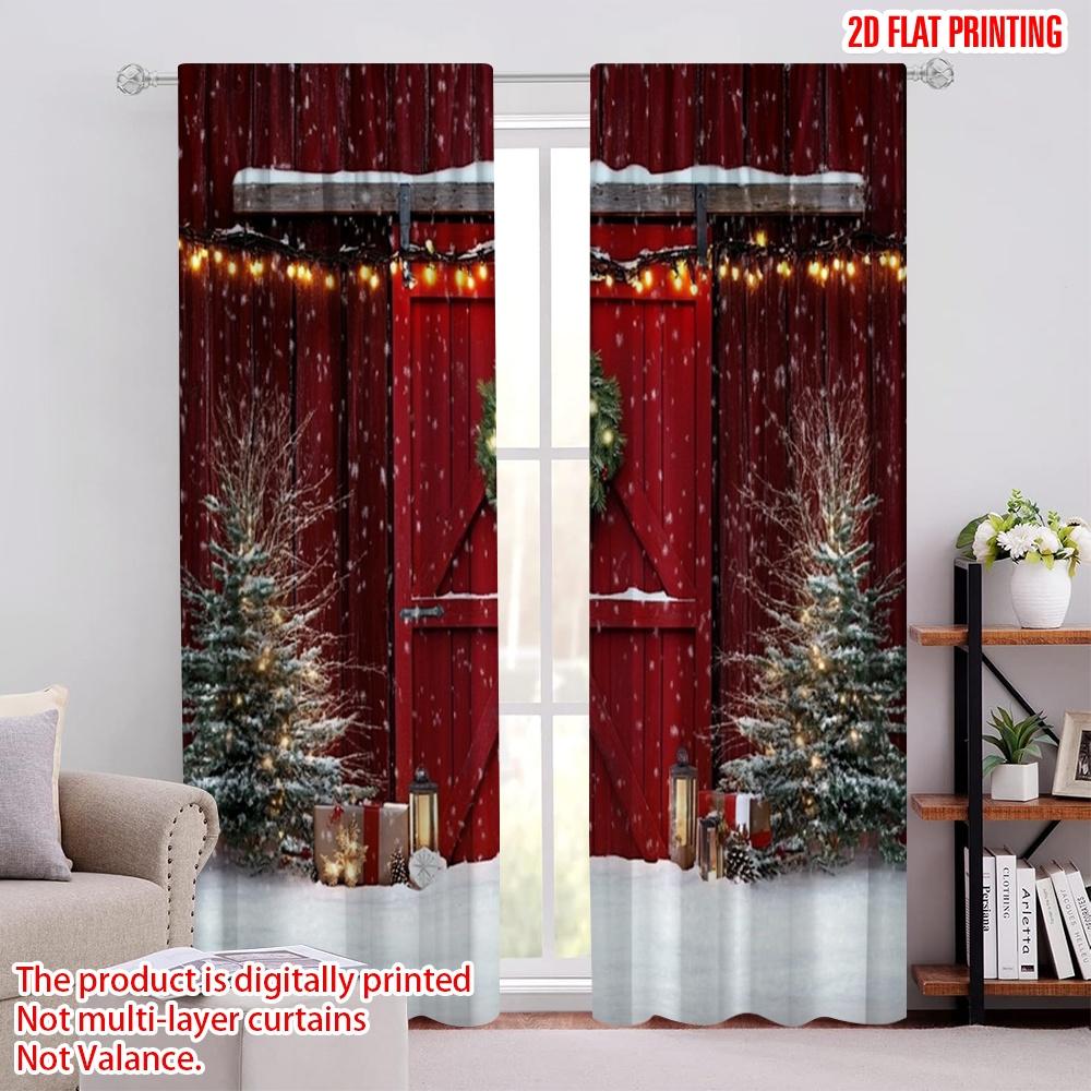 

2pcs 2D flat printing Merry Christmas Party Curtains Christmas red barn door Polyester Without Electricity Family Party Use for 100*130 Grommet Top 1pcs