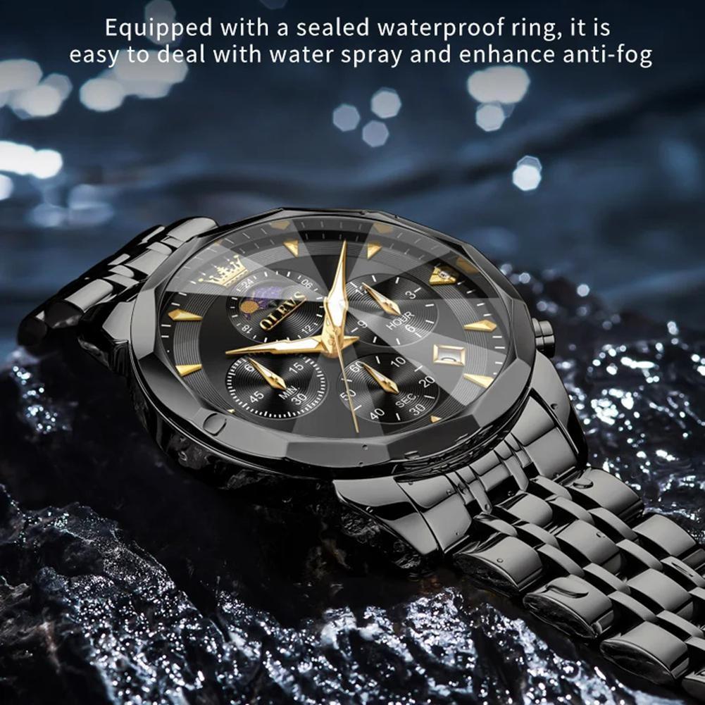 Mens Business Watch Fashion Quartz Watches Multifunctional Chronograph Waterproof Moon Phase Watch Mens Gifts