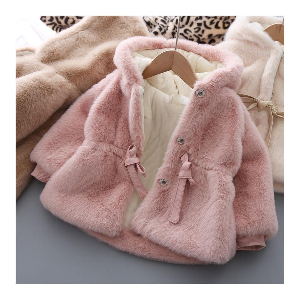 Winter Girls Coat Warm Mink Fur Padded Thickened Long Sleeve Hooded Coats Baby Kids Children Jacket Outerwear