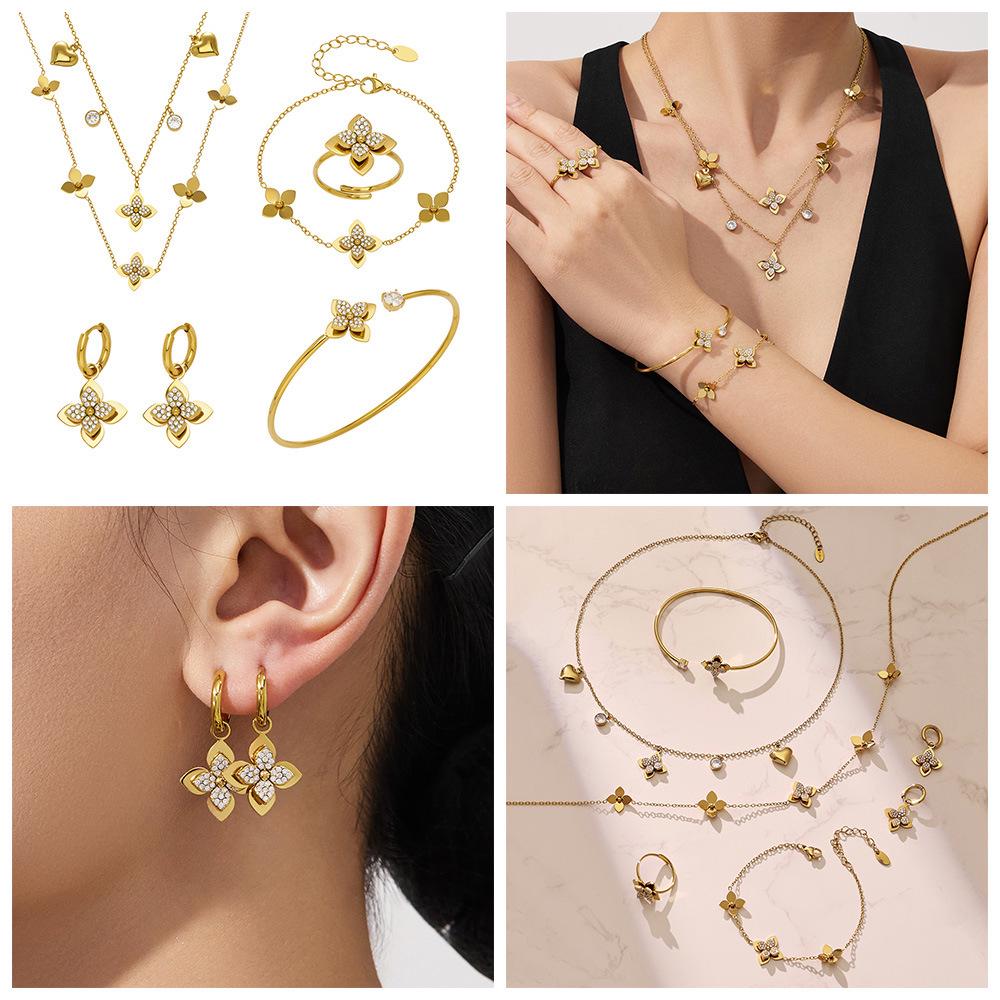 18K Gold Plated Stainless Steel Jewelry Set with Zirconia - Necklace, Bracelet, Earrings - European American Fashion Style.