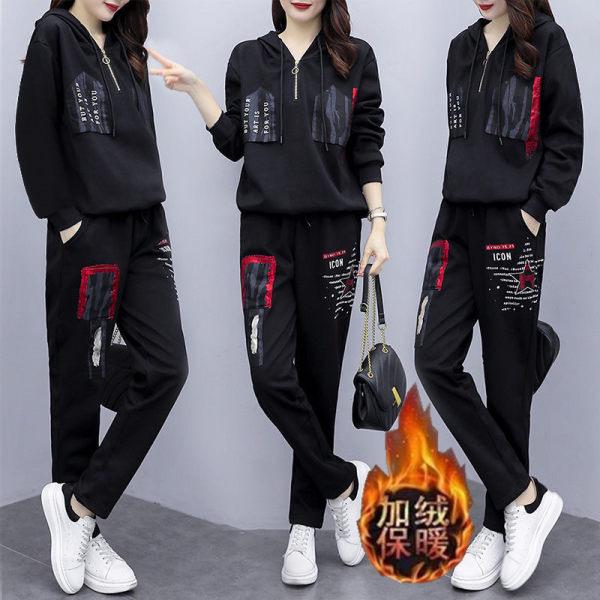 Women's 2025 Autumn/Winter Fleece-Lined Loose Sportswear Set: Long-Sleeve Sweatshirt & Trendy Long Pants.