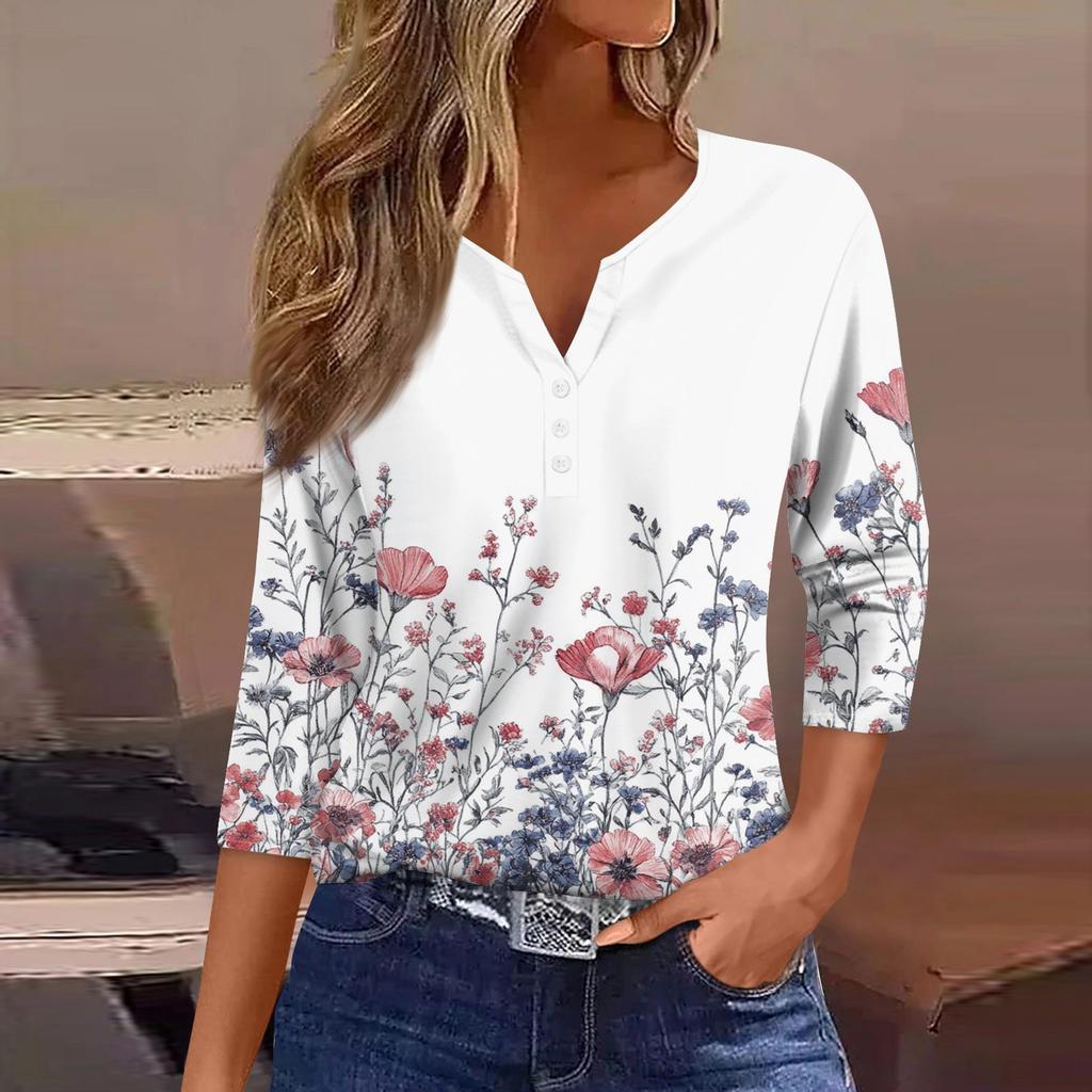 Women's T Shirt Tee Print Button 3/4 Sleeve Daily Weekend Fashion Basic V- Neck Regular Top