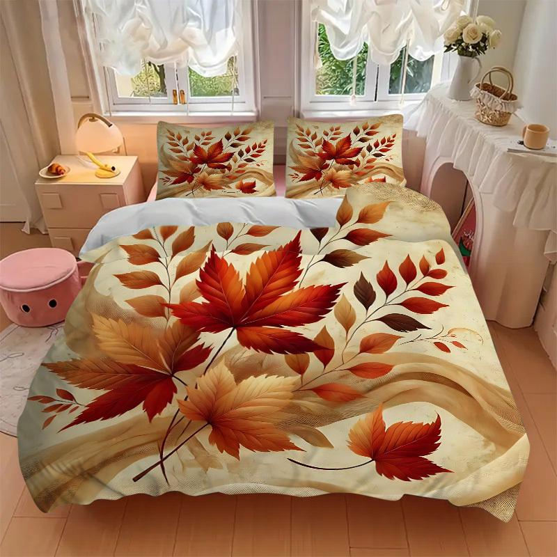 3pcs bedding set Autumn Leaves Includes 1 Comforter + 2 Pillowcases, Without Pillow Inserts, Soft Comfortable, Lightweight Breathable, Print