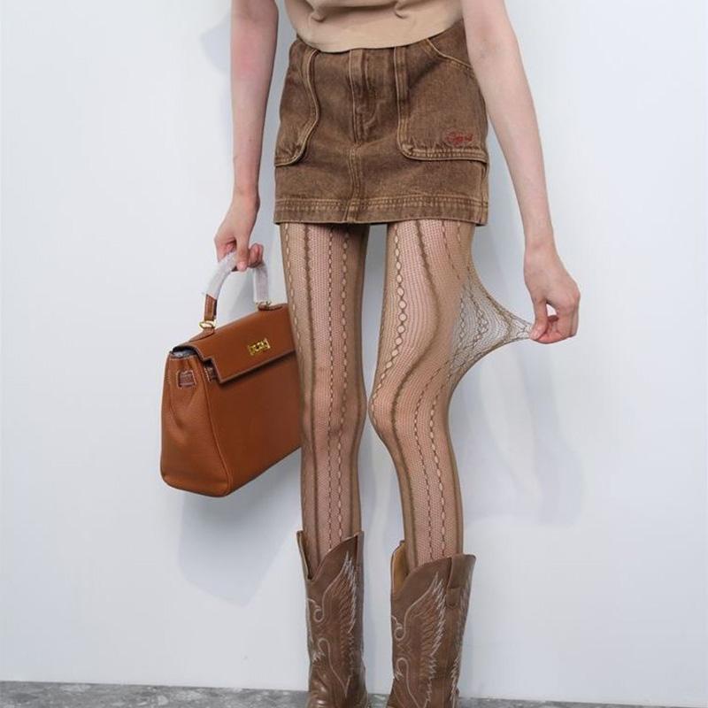 Y2k Spicy Girl Sexy Pantyhose Retro Personality Hollow Lace Fishing Net Socks Vertical Jacquard Pantyhose