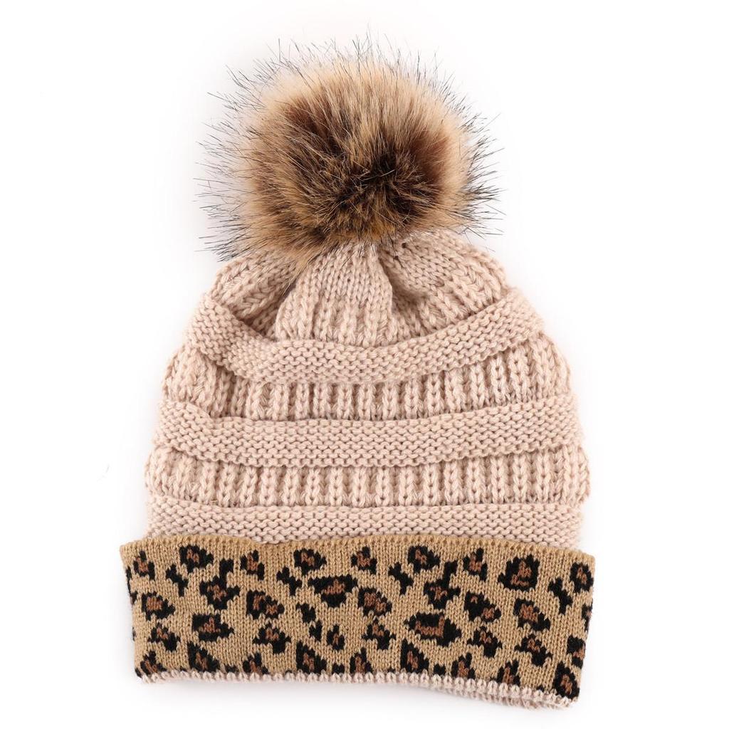 Fashion Winter Leopard Women's Hat Warm Knitted Beanies Cap For Women Girl Pom Pom Thick Lady Female Cap Hat With Hair Ball