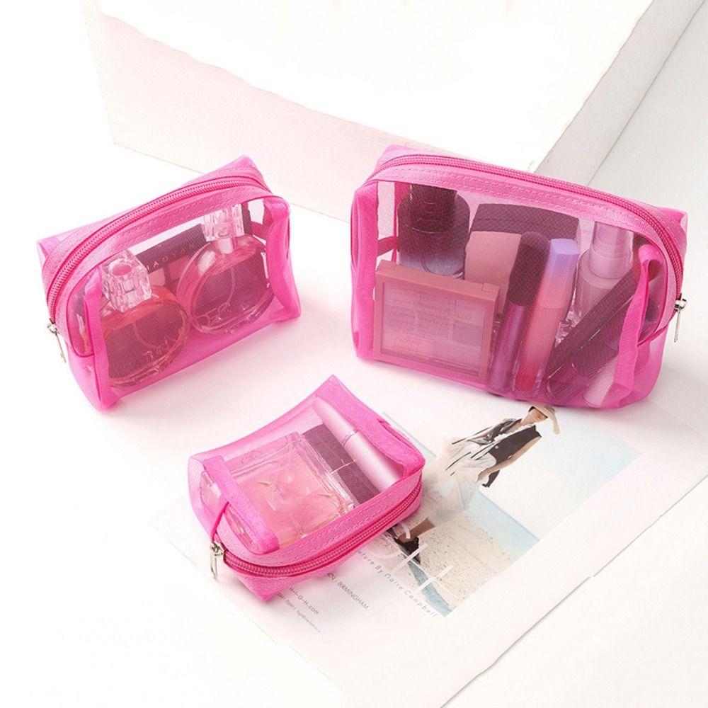 Solid Color Transparent Makeup Bag Zipper Handheld Makeup Pouch Mesh Cosmetic Bag for 3Pcs/Set Lady