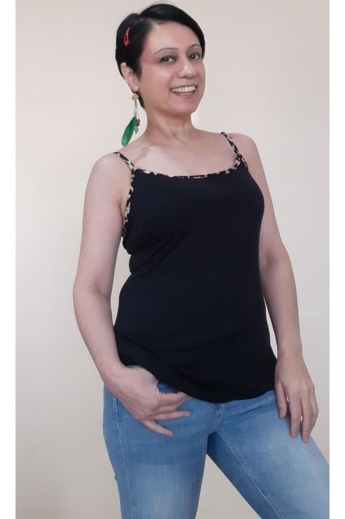 Women's Style Big Size T-Shirt Black Combed Cotton Viscose T-Shirt With Leopard Piping Detail And Rope Strap