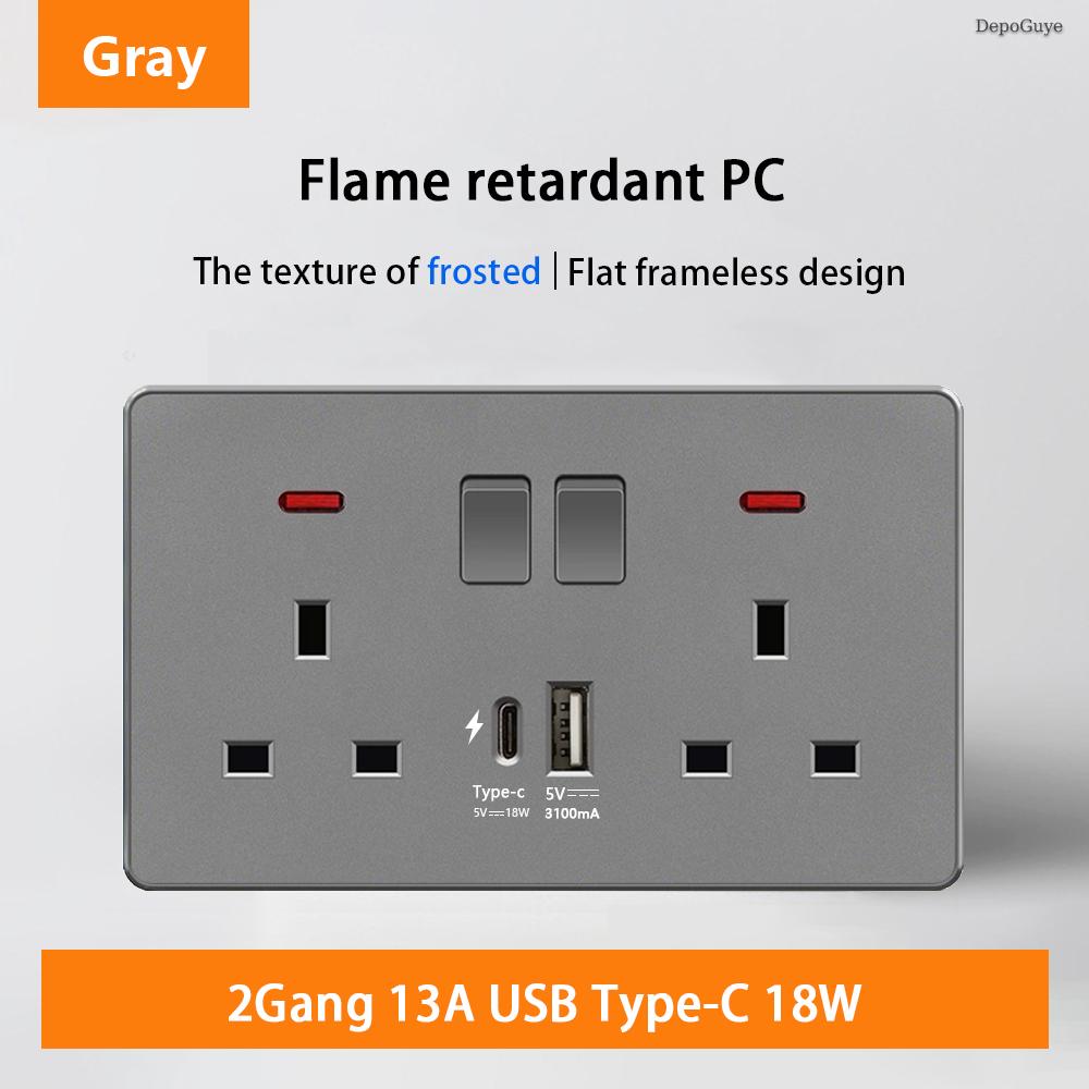 18W Type-C Plug Quick Charging Universal 5-pin Dual Power Socket,UK Standard 13A Wall Socket with DC 5V 3.1A Type-c USB Charger