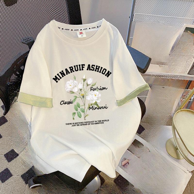 

Трендовая футболка с коротким рукавом в цветочный колор-блок для мужчин и женщин, маленькая и свободная модель плюс-сайз с летним дизайном 3XL белый