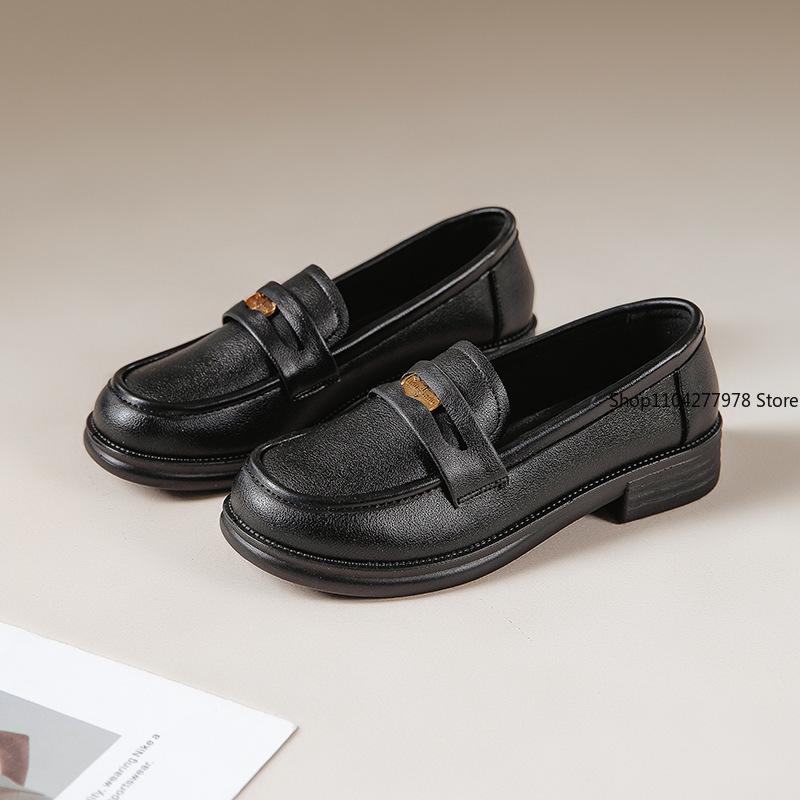 Fashion Super Soft Gold Coin Loafers Pu Leather Women's 2025 New British Style Thick Heel Flats One Pedal Pumps Female Plus Size 42