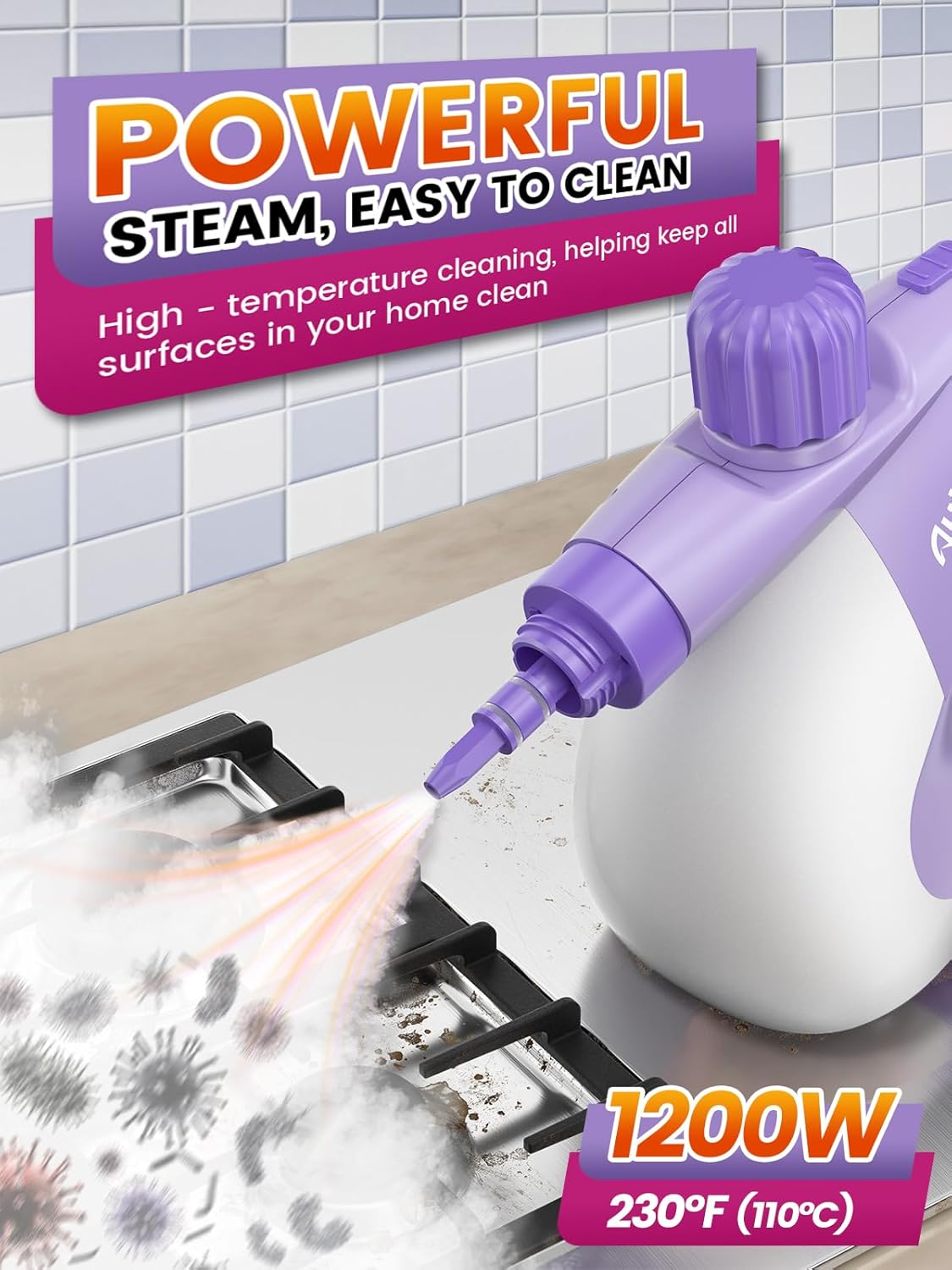 

1200W Pressurized Handheld Steam Cleaner with 14 Accessories, Safe Multi-Surface Steamer for Home, Car, Bathroom, Kitchen, Tile 230 V