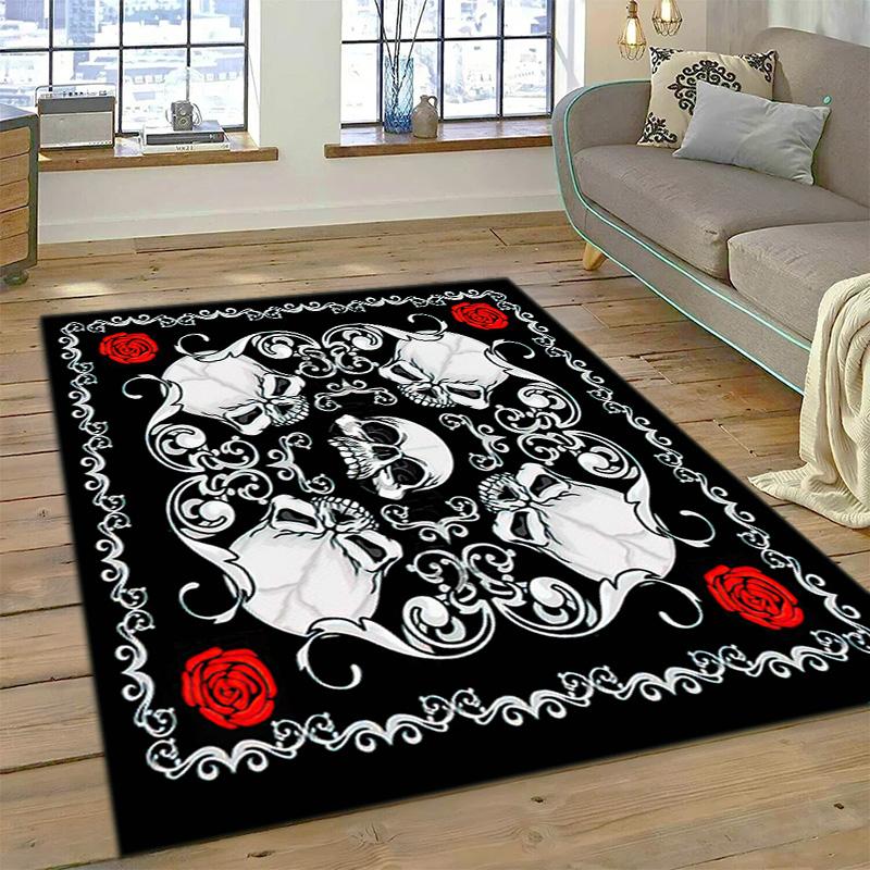 1PC Skull Dark Gothic Pattern Printed Carpet Rug for Living Room Bedroom Home Sofa Decoration,Non-slip Floor Mat Floor Mat