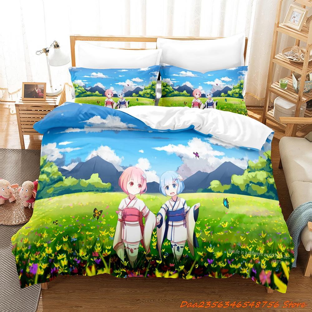 Comforter Re Zero Rem Ram Bedding Set Cartoon Anime Three-Piece Set Adult Kid Bedroom Duvet Sets 3D Kawaii Girl Twin Set