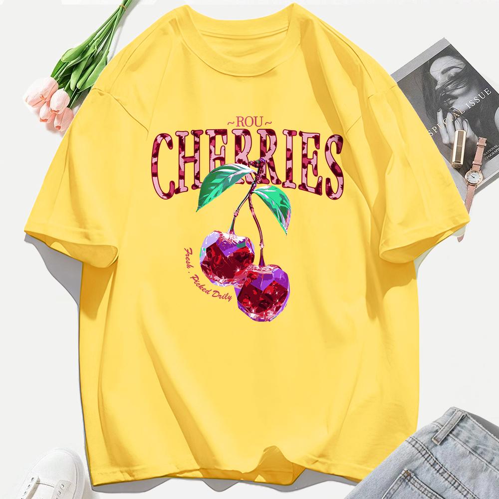 Crystal Cherries Printing Tee Shirt Woman Summer Cotton Tee Tops O-Neck Casual T Shirts Oversized All-Match Short Sleeve
