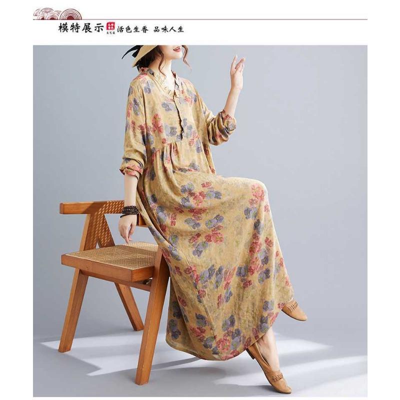 Season's New Vintage Print Loose Hem Long Dress