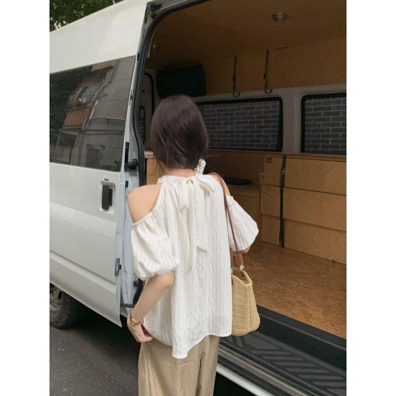 Kumikumi Sweet Style Stripe off-the-Shoulder Short sleeve Shirts Women clothes Summer Chic Bow Lace-up Loose Top