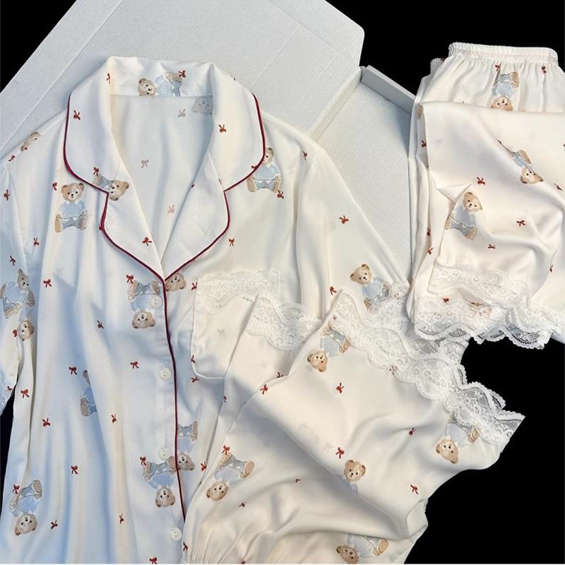 Lace Lace Bear Three-Piece Spring Imitation Silk Thin Short-Sleeved Short Trousers Loungewear