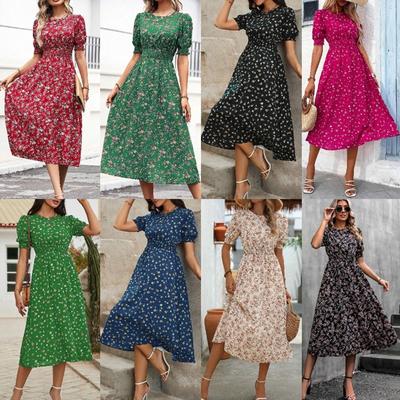 Mode Elegant Kurzarm Sommer Blumenkleid O-Ausschnitt Damen Locker Bedruckt Lässig Schlicht A-Linie Partykleider Urlaub Slim Fit Plissierte Kleidung