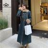 Winter Neue Haar Kragen Verdickt Baumwolle Denim Kleid Weibliche Retro Taille Lange A-linie Casual Style Mantel