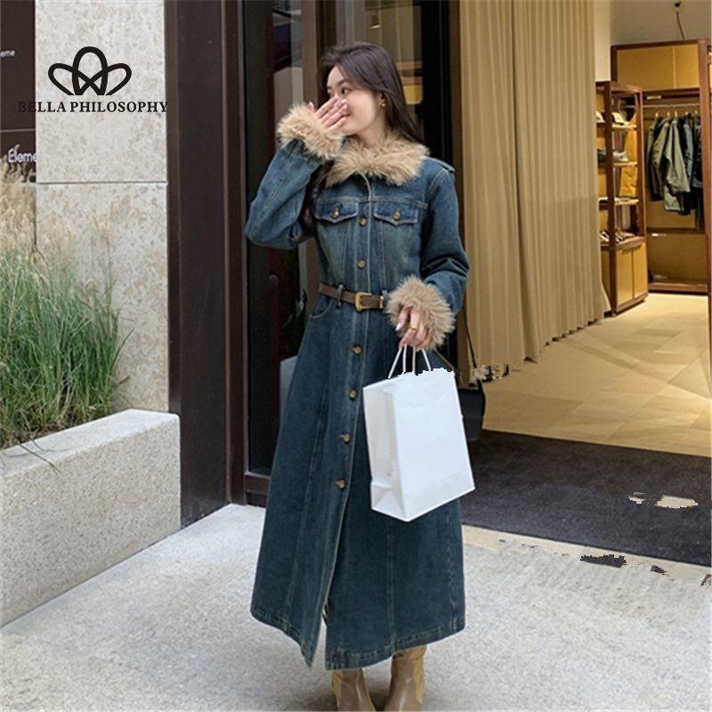 Robe en jean de coton épais à col pour femme, nouvelle collection hiver, manteau de style rétro, longue ligne A, style décontracté