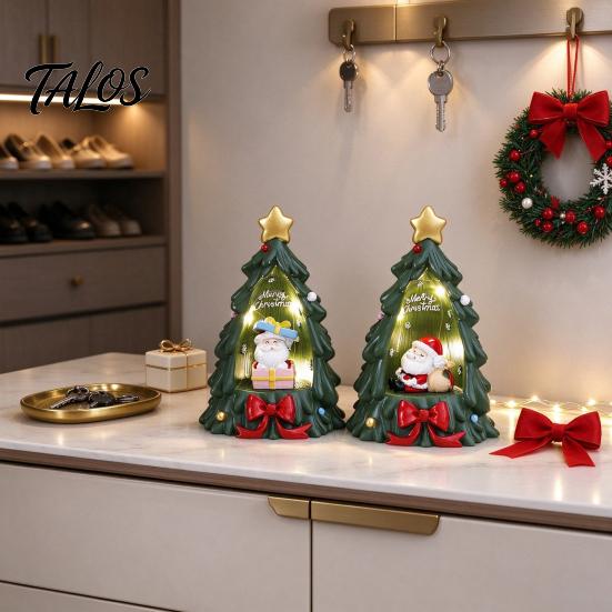 Lighted Resin Ornament for Desk Christmas Tree with Warm LED Lights, Festive Tabletop Decor Holiday Home Romantic Window Display Office Decoration,