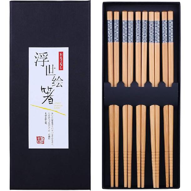 Antner 5 Pairs Natural Bamboo Chopsticks Reusable Classic Japanese Style Chop Sticks Gift Sets, Dishwasher Safe, 8.8 Inch/22.5cm Natural Bamboo Style 1
