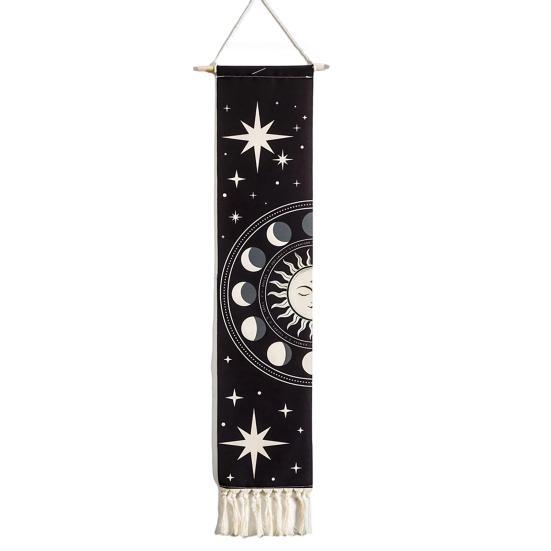 Fringed Tapestry, Soft Cotton with Sun Moon Star Prints Wall Hanging, Bohemian Style Doorway Curtain for Bedroom Living Room