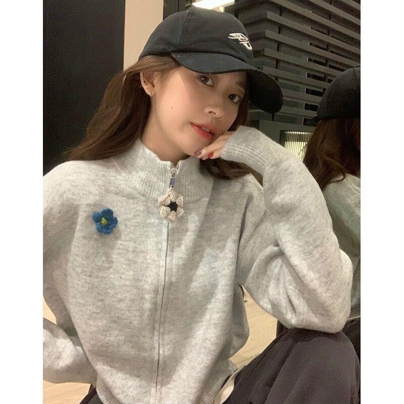 

New grey knitted top niche design zipper cardigan milk sweater jacket women s jacquard women s clothing one size fits all серый