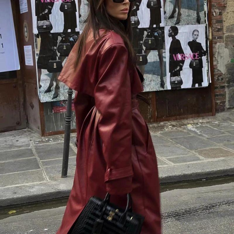 Fall and Winter New Women's Clothing Fashion Style Long Sleeves Lapel Loose with Belt Long Poly Urethane Leather Trench Coat Outwear