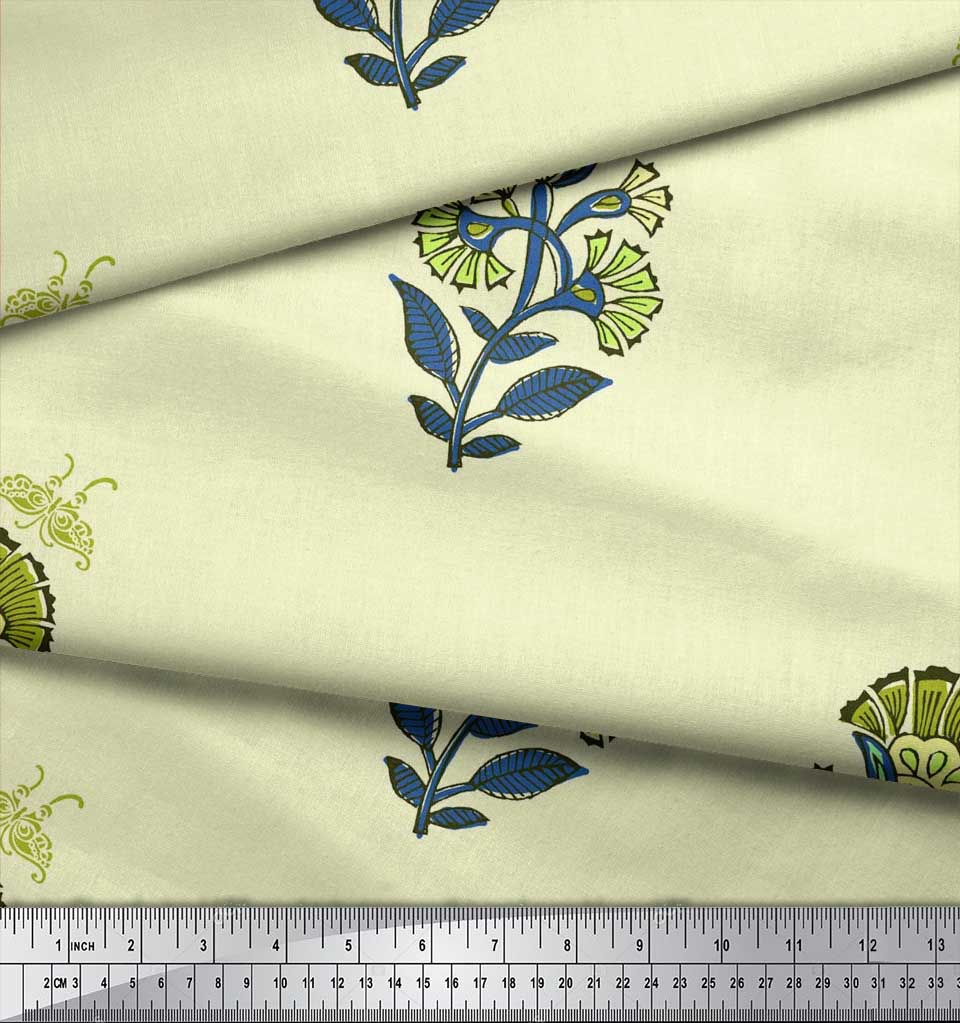 Soimoi Blue Japan Crepe Satin Fabric Insect|Leaves & Floral Block Print Fabric by Yard 42 Inch