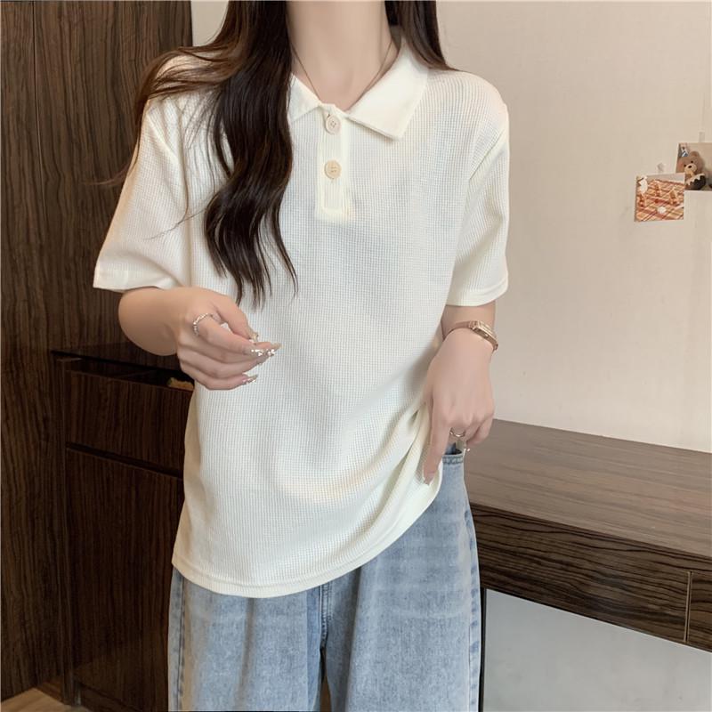 

Женский летний вафельный топ с коротким рукавом, с воротником поло, свободного и приталенного кроя, студенческий, хлопковый