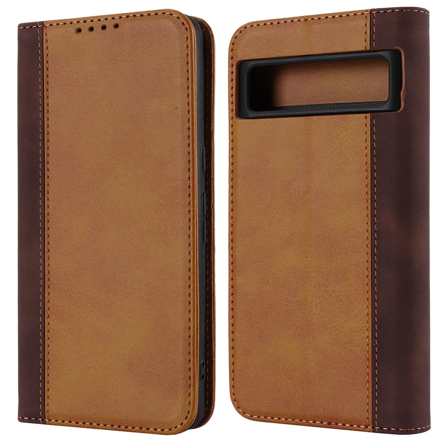 

For Google Pixel 8 Pro PU Leather Wallet Phone Case Bi-color Splicing Anti-drop Stand Cover Yellow+Brown