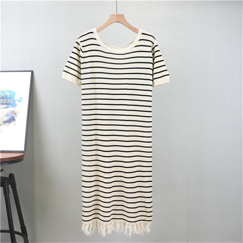 Women's Summer Short Sleeved Casual Knitted Striped Dress Tassel Mid Length Dress