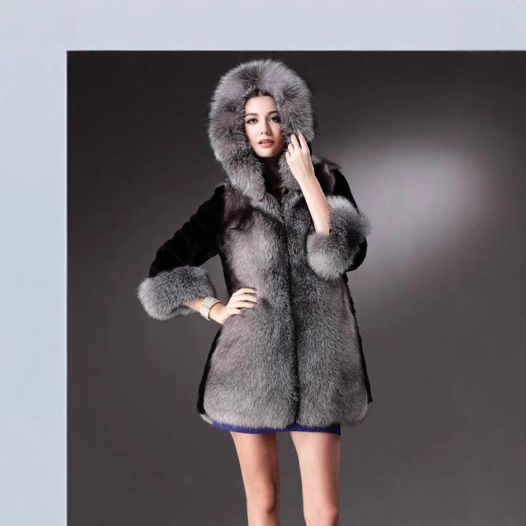 Warm Autumn and Winter Hooded Women's Imitation Fur Coat European and American Medium and Long Fur Coat Fox Hair